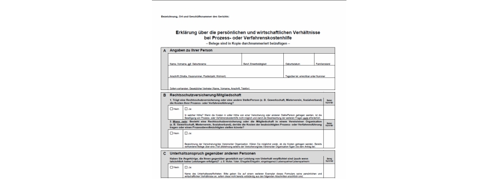 Vorschaubild Formular "Erklärung pers. und wirtsch. Verhältnisse zur Prozess- oder Verfahrenskostenhilfe"