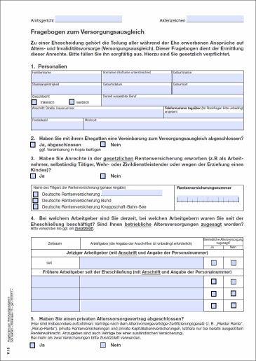 Vorschaubild Formular "Fragebogen Versorgungsausgleich Ehe"