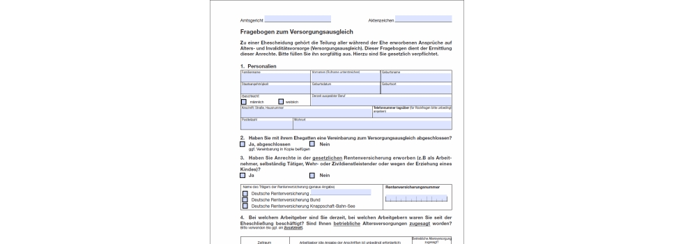 Vorschaubild Formular "Fragebogen Versorgungsausgleich Ehe"