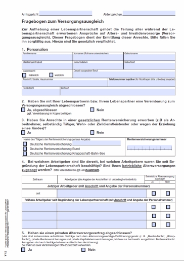 Vorschaubild Formular "Fragebogen Versorgungsausgleich Lebenspartnerschaft"